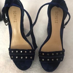 Schutz blue platform velvet sandals